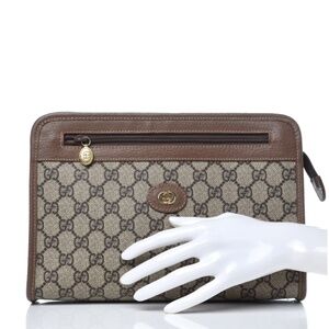GUCCI GG Supreme Clutch Bag PVC Beige Gold